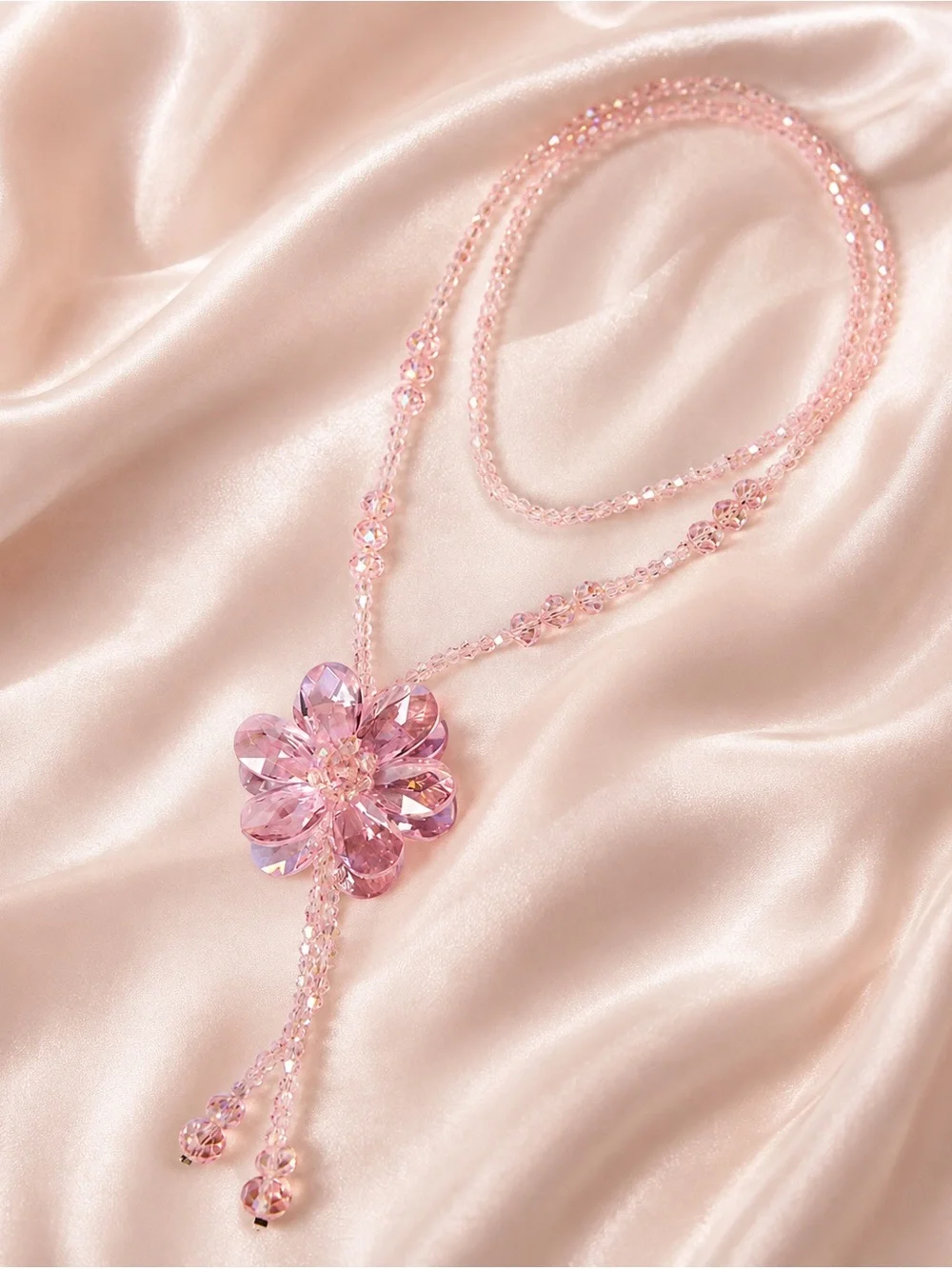 Pink Crystal Flower Necklace Handmade Jewelry